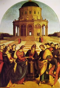Raffaello Sanzio: LO SPOSALIZIO DELLA VERGINE, realizzato con tecnica ad olio su tavola nel 1504, misura 170 x 117 cm. ed è custodito nella Pinacoteca di Brera a Milano.